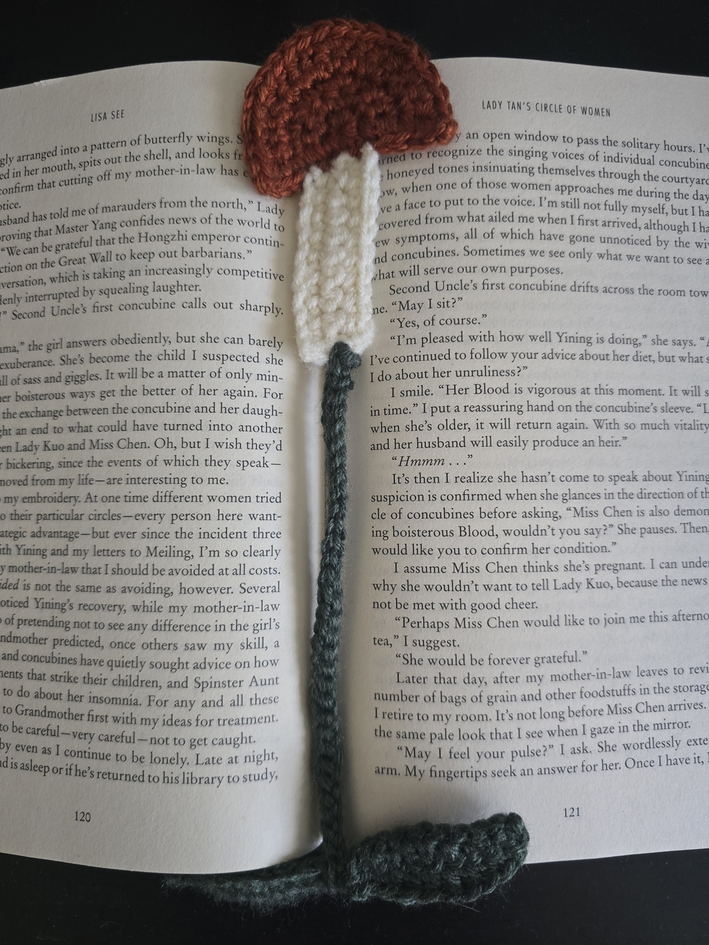 Handmade Crochet Mushroom Bookmark — Rust Cap, Cream Stem, Green Cord - Picture 2 of 4